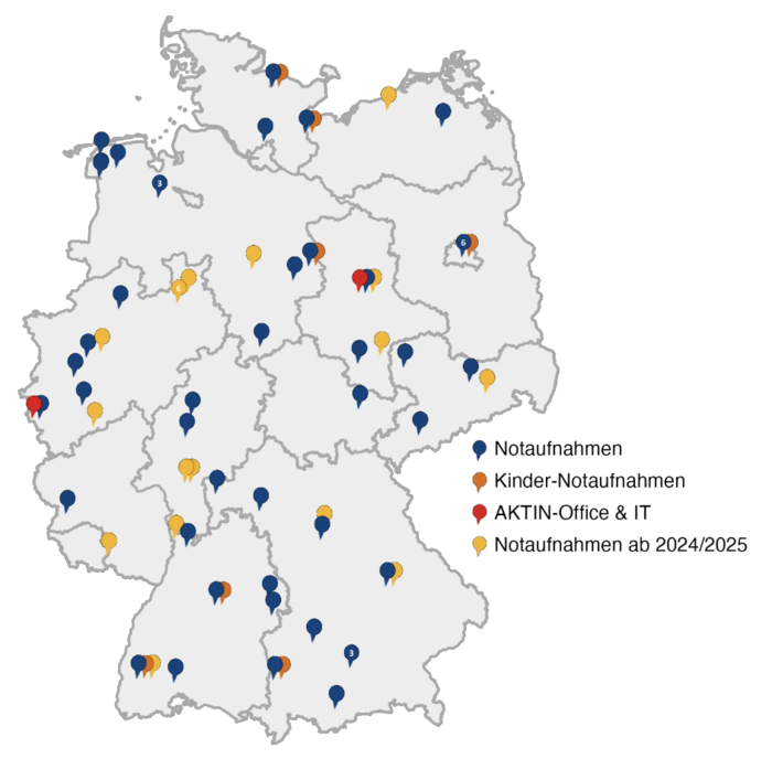 Übersicht über die an AKTIN angeschlossenen universitären und nicht-universitären Notaufnahmen im gesamten Bundesgebiet